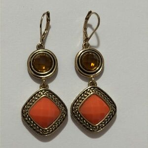 Napier Vintage Gold Tone Earrings Orange Stones Dangle Beads Signed Facetted